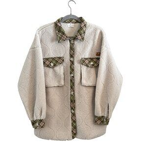 Simply Southern Cream Teddy Jacket with Green Plaid Accents